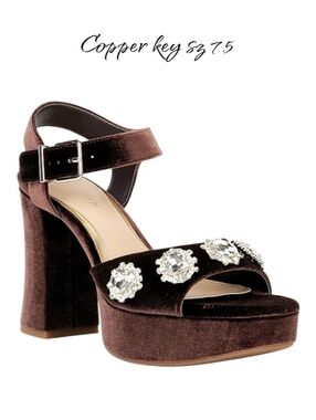 Copper Key Celleste Two Velvet Jewel Embellished Platform Sandals Brown 7.5